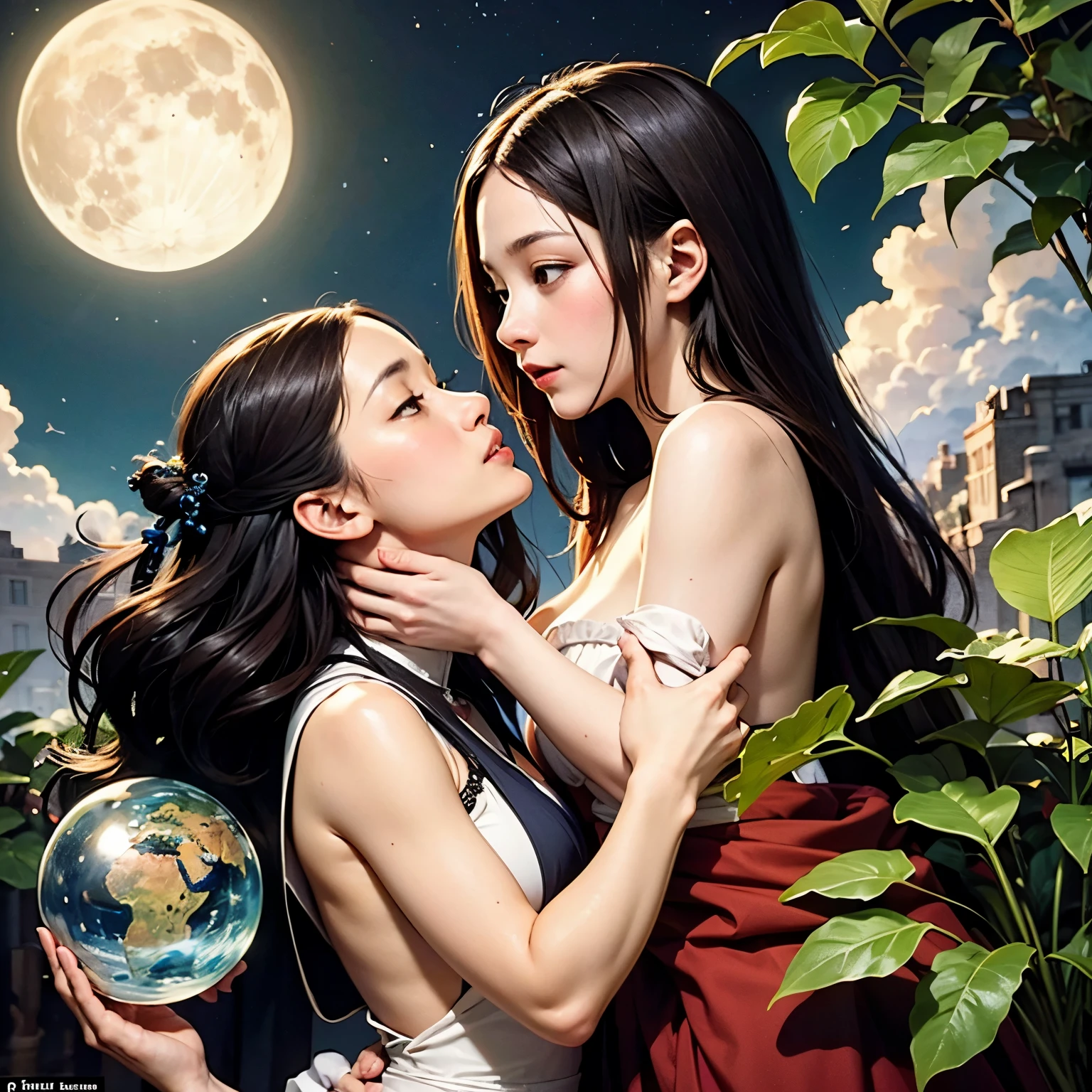(The art styles of Leonardo da Vinci and Alphonse Mucha), (From the side), Hold a moon the size of a crystal ball in both hands,8-head beauty kisses, sheこの月に恋をしている, 月はsheの信仰を受け入れたのか?, Gives off a wonderful shine, she,yes,Thessalian Witch