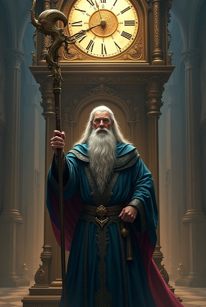 Create wizard with staff and a clock behind 4k
