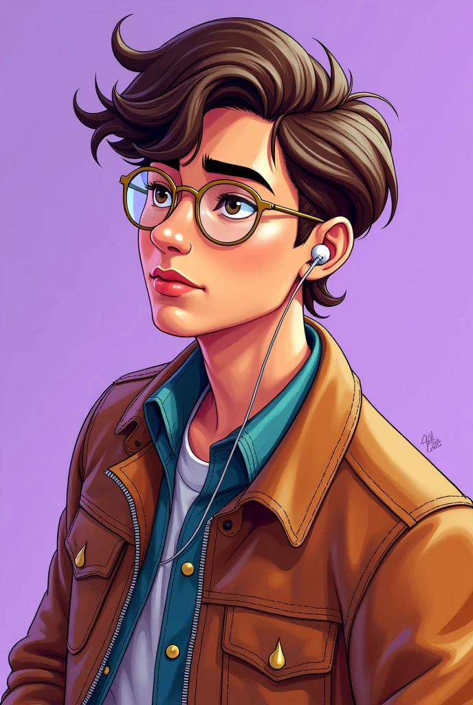 2d color Disney style sketch of a 20 year old Latino young man with semi-disheveled brown hair and gold frame glasses, earphones, leather jacket and lilac background