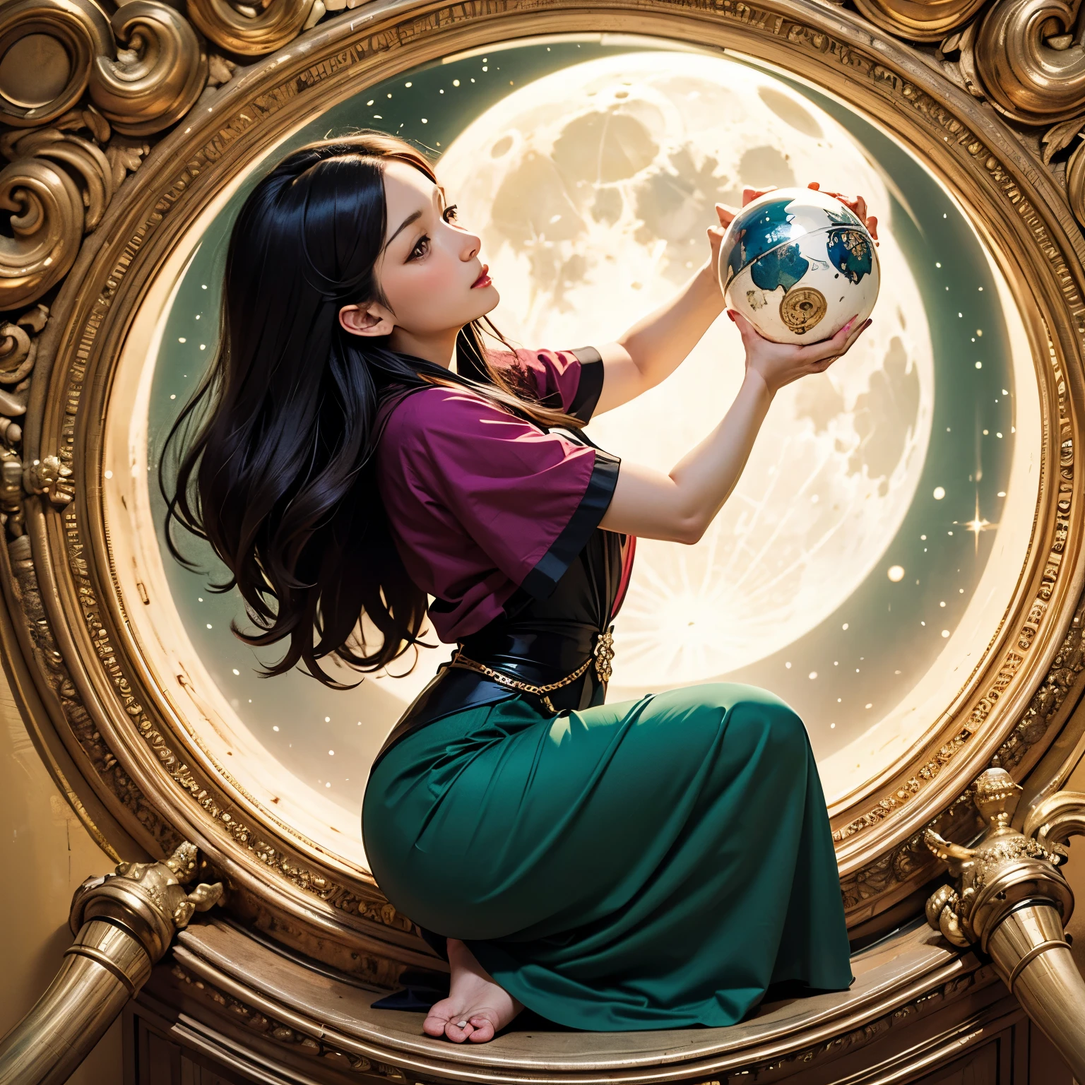 (The art styles of Leonardo da Vinci and Alphonse Mucha), (From the side), Hold a moon the size of a crystal ball in both hands,8-head beauty kisses, sheこの月に恋をしている, 月はsheの信仰を受け入れたのか?, Gives off a wonderful shine, she,yes,Thessalian Witch