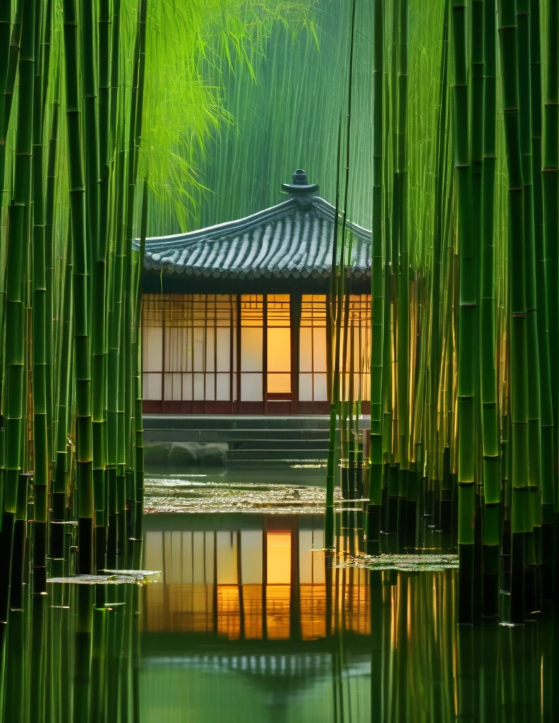 In the evening, a pond in the emerald green bamboo forest, the night rain gently caresses the pond water surface, causing ripples, as if echoing the ripples in the hearts of the ancients. There is a small theater in the middle of the pond, an ancient qin on the stage, as if talking about a thousand years of elegance, red brick and green tiles of the ancient dwellings reflected in the pond, like an ancient painting in the landscape.