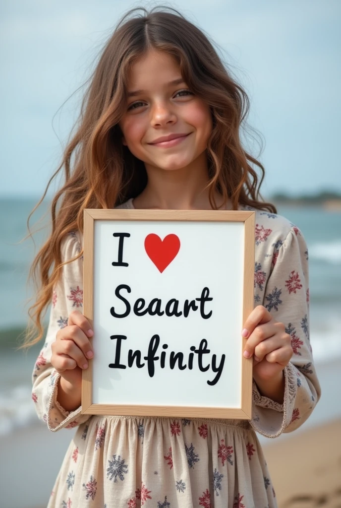 Beautiful girl with wavy long hair, bohemian dress, holding a white board with text "I Love Seaart Infinity" and showing it to the viewer