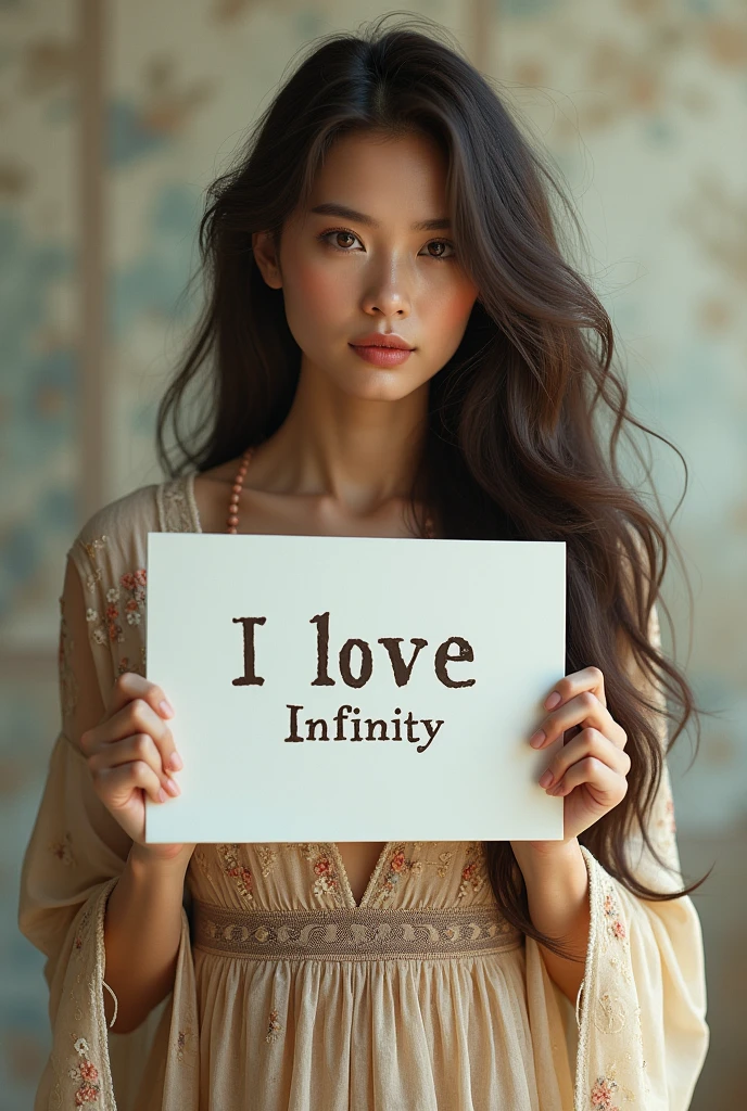 Beautiful girl with wavy long hair, bohemian dress, holding a white board with text "I Love Seaart Infinity" and showing it to the viewer