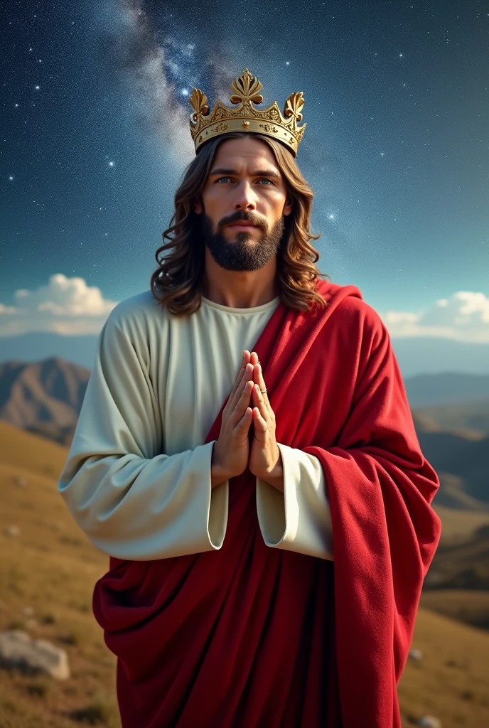 Perfect hand 5 finger, Portrait of a handsome Jesus Christ wearing the red clothes with crown of king floating Jesus Christ in the galaxy, Jesus Christ, real blue eyes, sunny day, intricate details.real Jesus Christ, straight head face, Straight body.Prayer Jesus Christ, perfect full body,  perfect hands finger,Prayer Jesus Christ, praying Jesus Christ backgrounds natural photographic