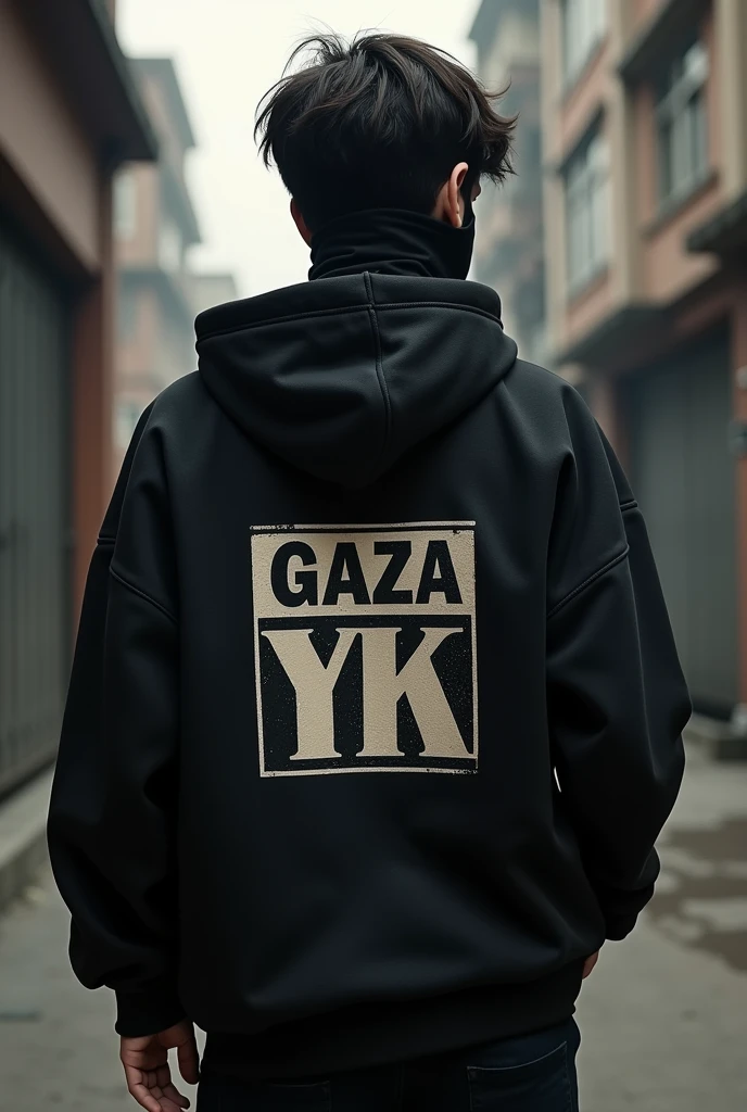 boy wearing a mask and hoodie with GAZA YK written in a box on the back and facing backwards