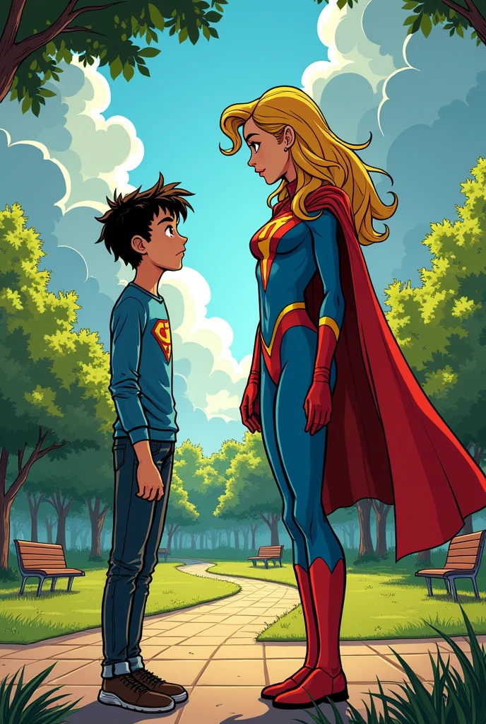 Comic book style Lucio the ager and Electra the superheroine say goodbye in the park