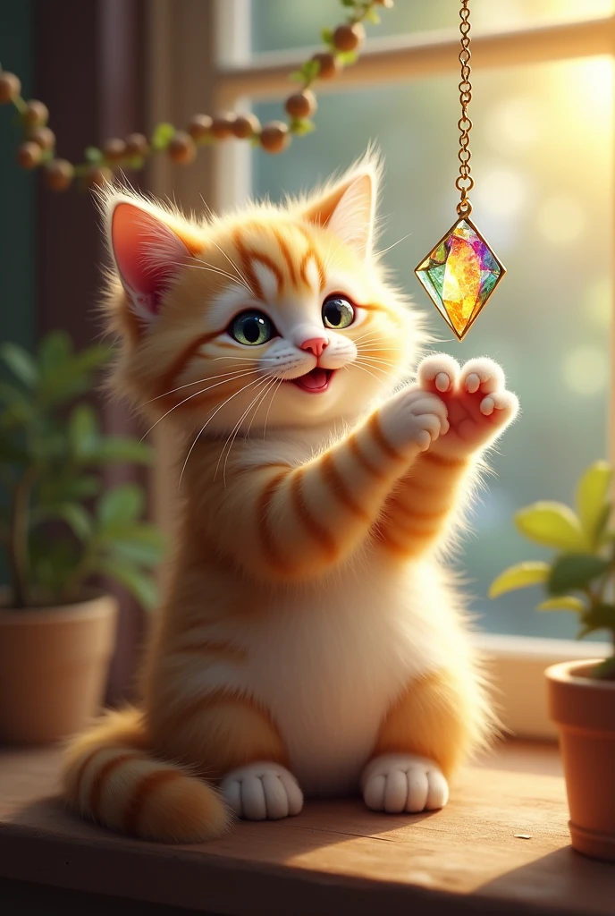 A happy cat holding a radiestesic cristal pendulum by a small chain