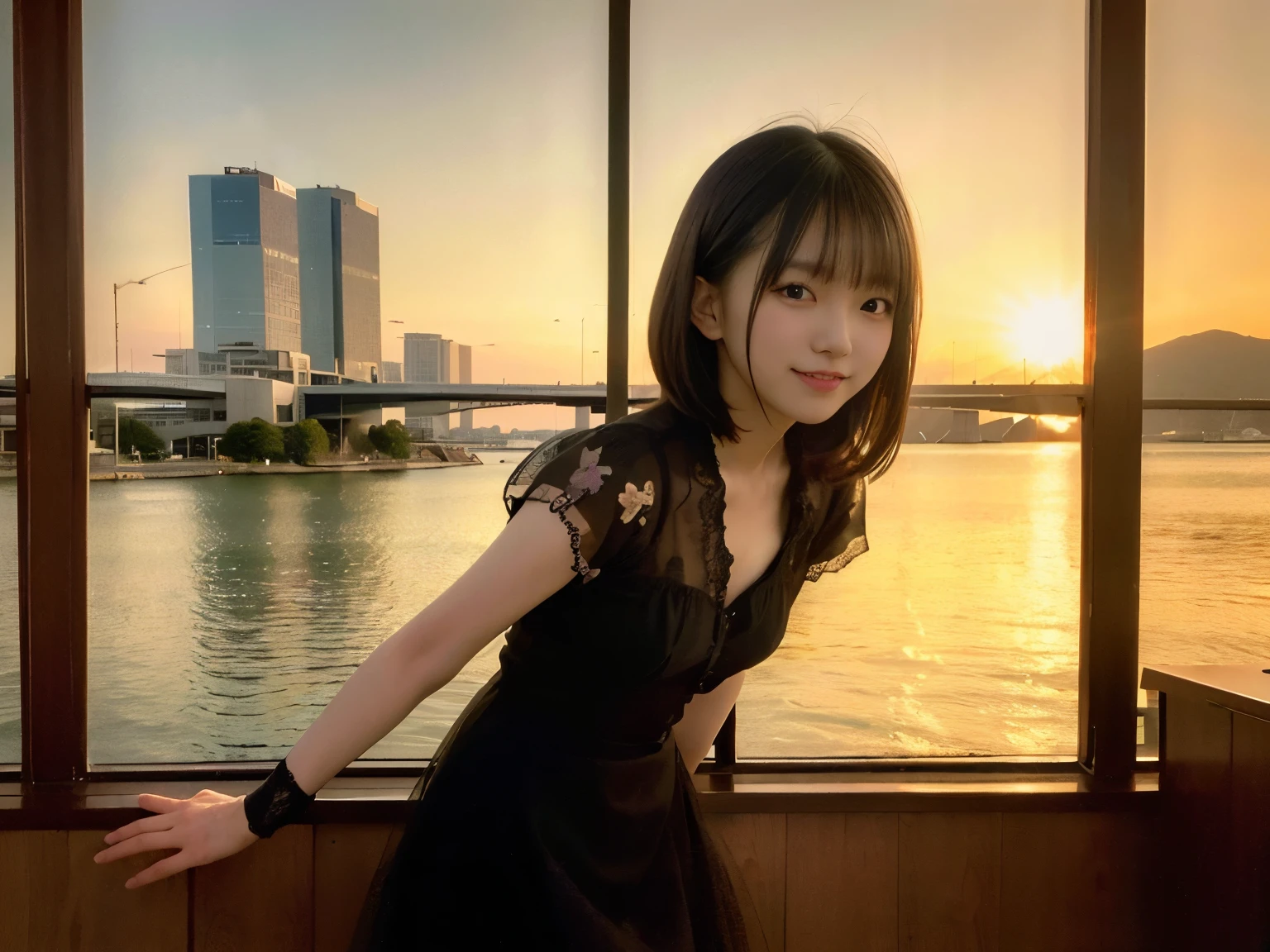 (Highest quality, masterpiece, Ultra-high resolution, 8k, RAW Photos, Realistic, Anatomically correct:1.5), 20-year-old girl:1.2, Embarrassing, avert your eyes, blush:1.0, View Viewer, ((bar)) 、Large windows、Night view、 Light:1.2, Bokeh, Cinema Lighting:1.0, Depth of written boundary, sharp、 Cute Face、Idol、(Black short sleeve lace top)、(Black tulle skirt)、”dwarf”、(Floral clothes)、(Full Body Shot)、(Side angle)、Cowboy Shot、(( smile))、((Ultra short hair、Berry Short))、(Straight bangs)、((See-through))、(( One Girl))、Waist、I can see your thighs、Shot from behind、Sexy pose、