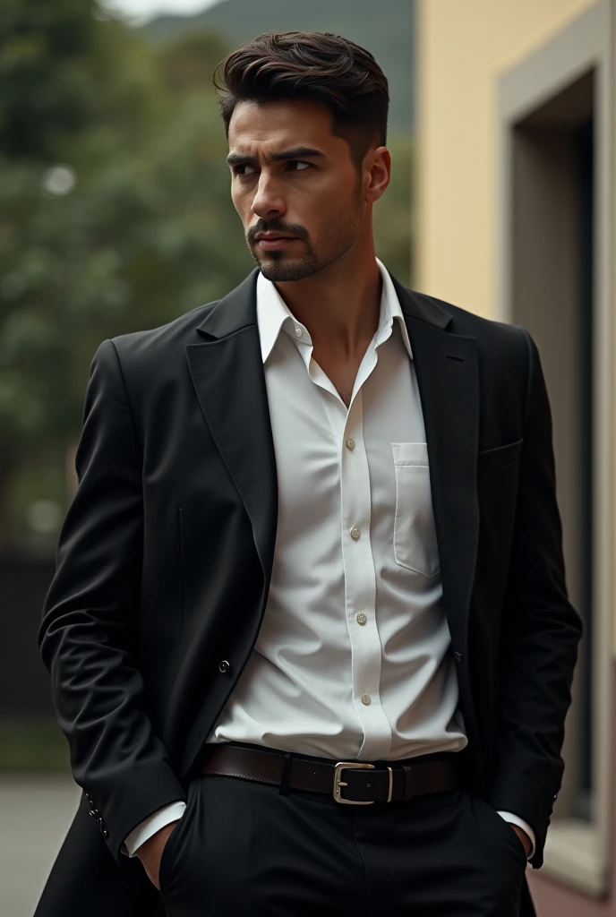 Latin American Costa Rican brunette man with a black jacket, black gloves, white shirt and black pants