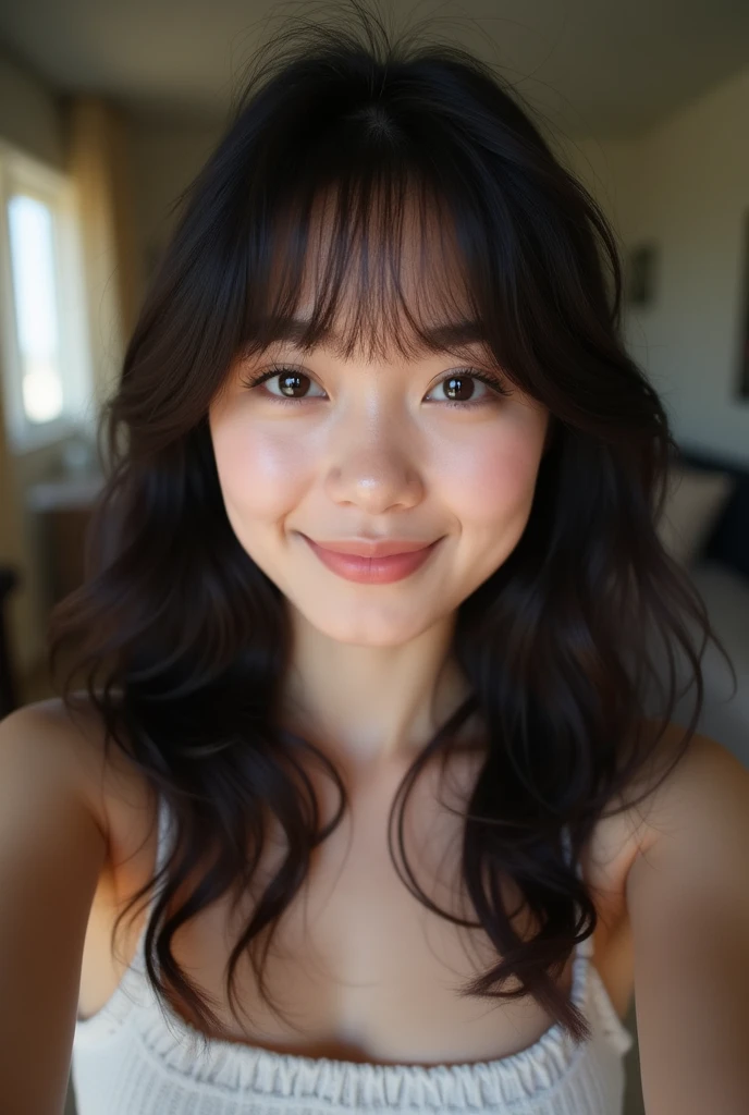 ((Selfie 1.6))((smile1.6))、the front、close - up face、Wavy Hair｟Looking at the camera｠A dark-haired、With bangs、Best Quality, masuter piece, 超A high resolution, (Photorealistic:1.4), Raw photo, high-level image quality, high-detail, ​masterpiece、a 18 year old girl、In the apartment
