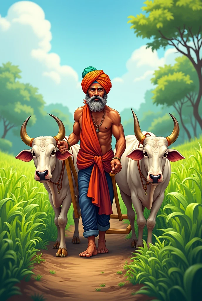 Create a colorful thumbnail featuring a traditional Indian farmer with two oxen yoked to a wooden plow in a lush green field. The farmer wears a turban, sleeveless shirt, and a red cloth. The style is cartoonish with no text.