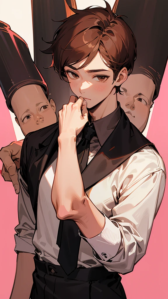There are 2 Thai style men, the man is 170 cm tall, has brown hair, pinkish skin, short hair, cute face, thin body, wearing a white shirt, black tie, has brown eyes, left hand is holding a glass of juice, pink cheeks, right hand is holding the left hand of the man.