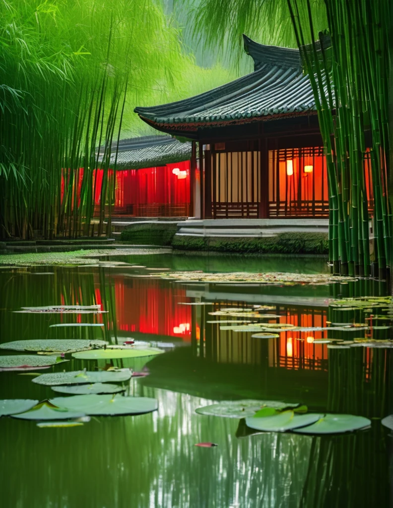 In the evening, a pond in the emerald green bamboo forest, the night rain gently caresses the pond water surface, causing ripples, as if echoing the ripples in the hearts of the ancients. There is a small theater in the middle of the pond, an ancient qin on the stage, as if talking about a thousand years of elegance, red brick and green tiles of the ancient dwellings reflected in the pond, like an ancient painting in the landscape.