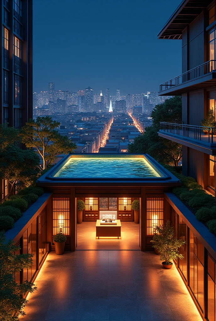 the luxury hotel of Japanese style, the roof top lighted up, beautiful night view from the hotel, illumination, an open lobby, photo realistic, 