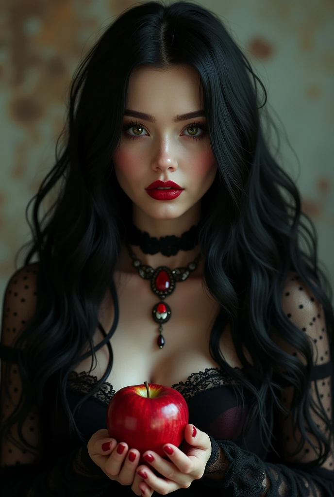 ((RAW Photo), absurd, (absurdresolution)), masterpiece, best quality, (Extremely detailed 8k unity CG wallpaper), (best illustration), (best shadow), Realistic lighting, beautiful detailed glow, ((21 years old)), girl, long black hair, black queen, accessories, apple in hand, poisoned apples, witch queen, red lipstick, (((Photographic Perspective of her)))