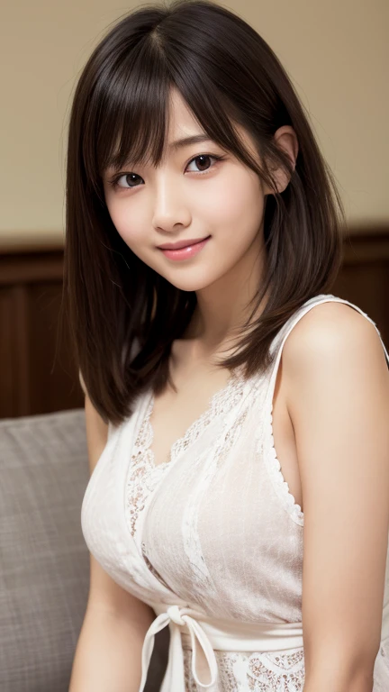 bright表情、Photorealistic Stick:1.32、Highest quality、Ultra-high resolution、Photos of the most beautiful Japan girls、Cute and beautiful face details、Small face、(Dealing with the Children_v1:0.008)、美しいbangs、s old、Glowing White Skin、Hair gets tangled in the face、顔まで伸びるbangs、bangs、Hair between the eyes、short hair、Attractive brown silky hair、bright、Clear light blue eyes sparkle charmingly、Ample breasts、ダイナミックなポーズHighest quality、Confused、((The cutest girl in the world))、Japanese、14 yearの子、Sitting on the sofa bed、((Lace dress:1.3))、(Half Up Hair:1.3)、(Tie with a thin ribbon)、Nice and cute、An innocent smile、nice smile、uneven chest、(Small breasts:1.3)、Hunchback、ponytail、Brown Hair、Tight waist、Beautiful eyes in every detail、look forward to、Upper Body、Face close-up、Front view、