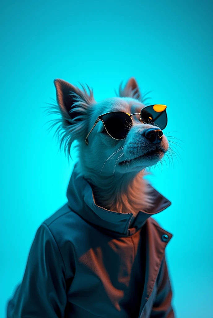 The best cell phone wallpaper, Award-Winning Wallpaper, portrait photography, In the front view is a portrait of a cute dog wearing mid-1960s space age fashion, Side view photo, Shot with Canon EOS R5, Set a strong contrast that accentuates the subject, Fluorescent blue tone, Wearing a very modern coat and sunglasses is a modern 1960s style, Clothes all in one color, beautiful background