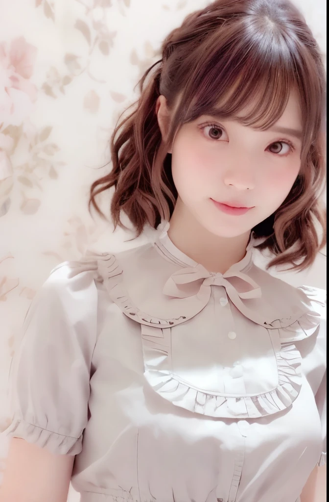 (masterpiece), (最high quality), (Very detailedな), (Best Shadow), (photoRealistic:1.4), Frilled blouse, skirt, white ankle socks, high quality, masterpiece, Very detailedな, High resolution, 4K, 超High resolution, Detailed Shadows, Ultra-realistic, Dramatic lighting, One Girl, alone, Detailed face, Realistic eyes, Realistic Skin, Dynamic Hair, Dynamic pose, Dynamic Angle, White floral dress, White Background, Urzan-6500-v1.1, (RAW Photos:1.2), ( Realistic:1.4), Beautiful detailed girl, Very detailed eyes and face, Beautiful attention to detail, Ridiculous, incredibly Ridiculous, Large file size, Very detailedな, High resolution, Very detailed, 最high quality, (Bright interior), (Soft Light), (Low contrast), (Shallow depth of field), (portrait of a beautiful woman illuminated by gentle light), (Very delicate and elegant depiction), (Short bangs), (Hair color is dark chestnut with a slight brown tinge), (Hair with subtle and gentle waves), (Decorated with thin ribbons), ( White blouse with small frills), (bow tie), (青いロングskirt), (White short ankle socks), shape, Very detailed, CG, Unified, 8k wallpaper, wonderful, Finer details, 最high quality, Very detailed CG Unified 8k wallpaper, Face Light, Cinema Lighting,