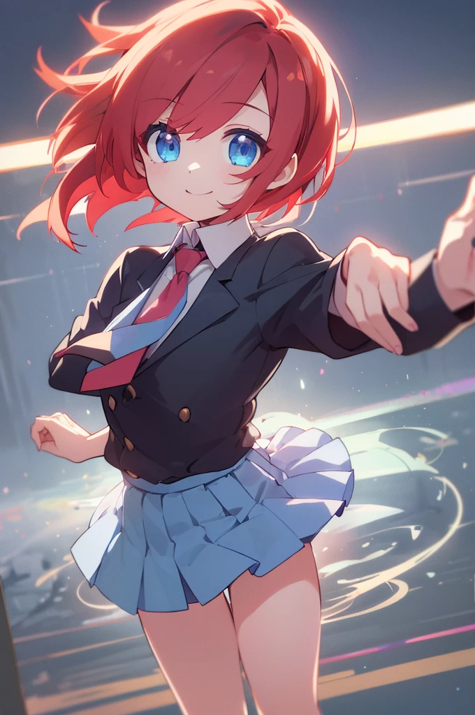 1girl, Short hair, small size, red hair color, Blue eyes, She wears school clothes, a white shirt, Short blue skirt, and a blue tie, smile, light smile, anime, cinematic lighting, first-person view, UHD, 4K,The eye gate is clear,White background,Stand up straight