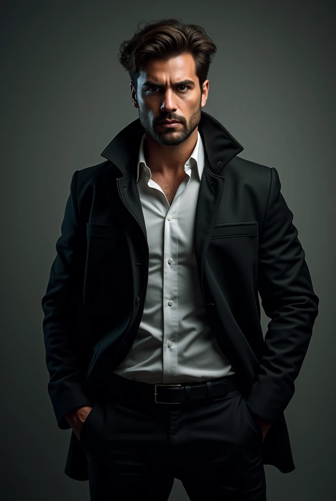Latin American Costa Rican brunette man with a black jacket, black gloves, white shirt and black pants