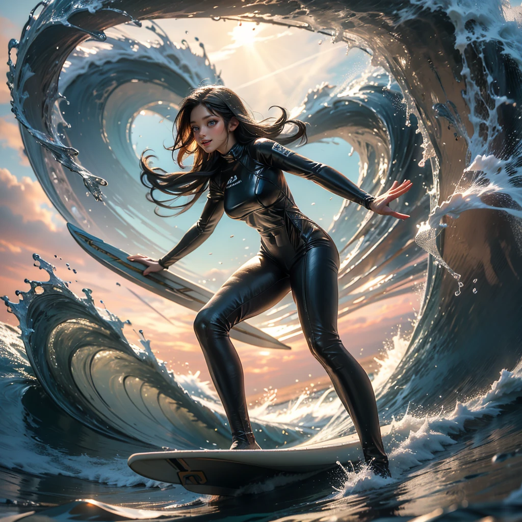 (Luminism:1.28), Side view、(TopQuality 8K Masterpiece:1.2) (ProfessionalPHOTO:1.37) Extremely Detailed (A girl standing on a surfboard riding a wave), (Colorful morning Glory Rays)、(Crouching and balancing on a Life Size surfboard:1.28), (There is Only one surfboard under her feet:1.32) Splashing water Particles Sparkling waves, Glowing Wet Hair、(Super hourglass body type)、Dynamic motion blur, Perfect Hand、(Surfing Photos:1.4)