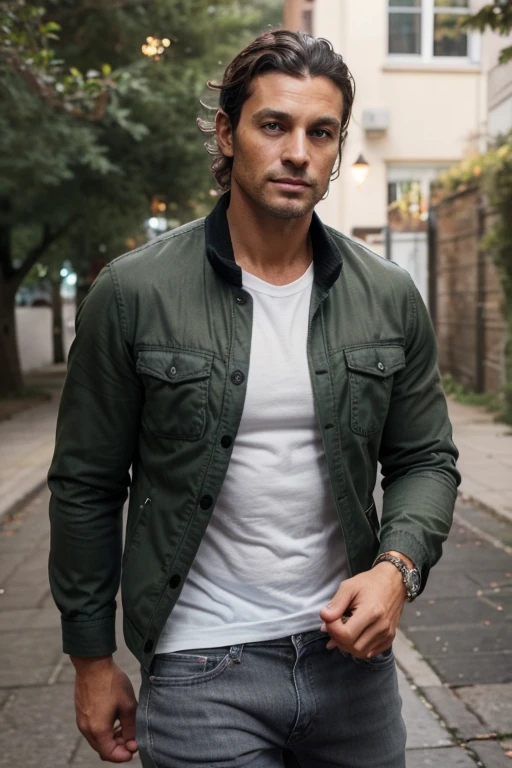 Handsome Man 38 years old, lean muscular body, tan skin olive, his eyes are blue with gray and green flecks, 1.90m, his hair is dark brown with natural waves that flow down his shoulders, a little stubble unshaved, wearing a black jacket, white shirt and jeans