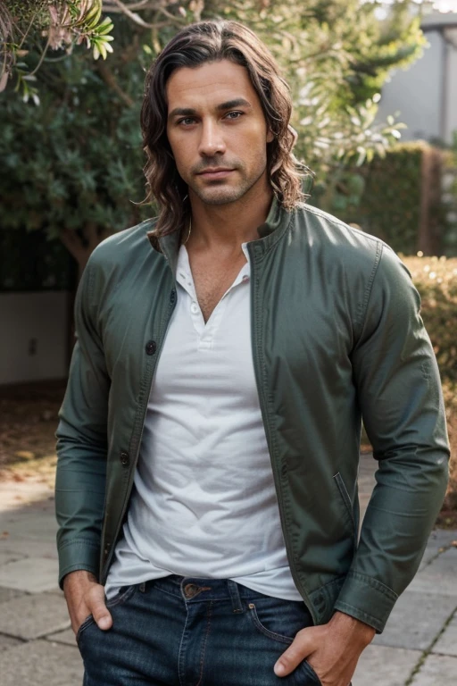 Handsome Man 38 years old, lean muscular body, tan skin olive, his eyes are blue with gray and green flecks, 1.90m, his hair is dark brown with natural waves that flow down his shoulders, a little stubble unshaved, wearing a black jacket, white shirt and jeans