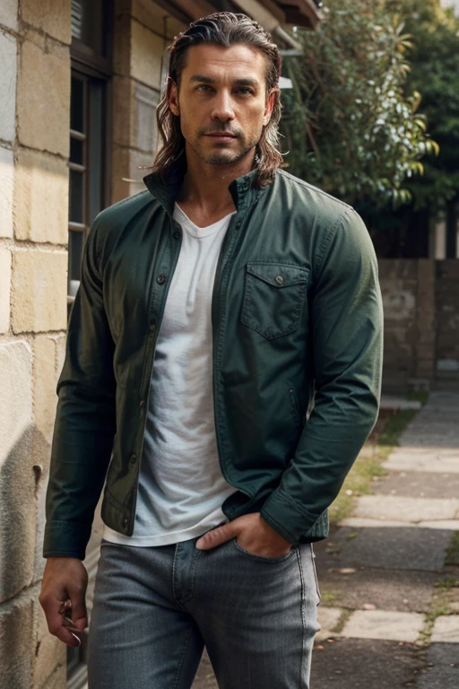 Handsome Man 38 years old, lean muscular body, tan skin olive, his eyes are blue with gray and green flecks, 1.90m, his hair is dark brown with natural waves that flow down his shoulders, a little stubble unshaved, wearing a black jacket, white shirt and jeans