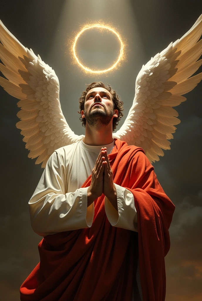 British mathematician Thomas Bayes wearing a halo and praying looking ahead illuminated by angels