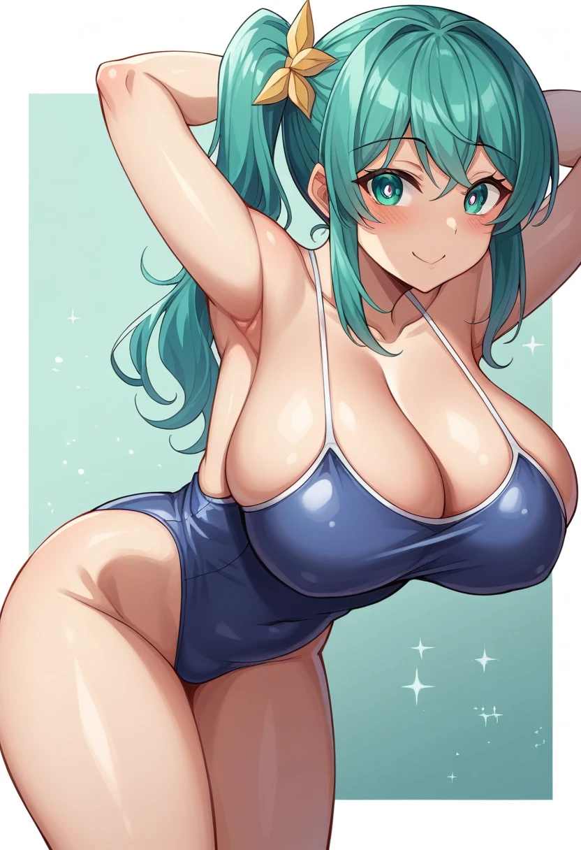 (masterpiece:1.3)、(Highest quality:1.3)、(Very detailed:1.2)、((cute))、cute、(Adorable)、((sexy))、((Very detailed))、4K、(8k)、Highest quality、(beautiful)、shape、Anime Style、(Bold line:1.2)、Gradation、(whole body)、//、(Put your arms behind your head:1.2)、Leaning forward、//、cute女の子、One personの女の子、、(One person:1.2)、、//、Big Breasts、(Big Breasts:1.8)(Perfect Eyes:1.2)、(Perfect Iris:1.2)、//、long side ponytail hairstyle、Turquoise hair color、(beautiful目)//、(sexual expression:1.2)、、(smile)、smile、//、Abstract art(V-front ultra-thin micro plunge swimsuit)、(V front threaded micro plunge swimsuit)//、(Plain (lavender) cuteゼンタングルハート柄背景:1.3)、(zentangle background)、Abstract Background Art