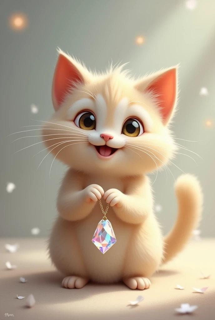 A happy cat holding a cristal pendulum by a small chain