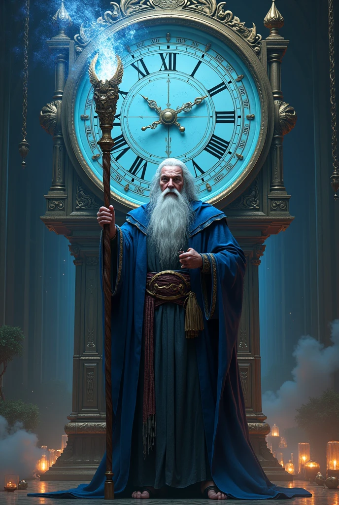 Create wizard with staff and a clock behind 4k