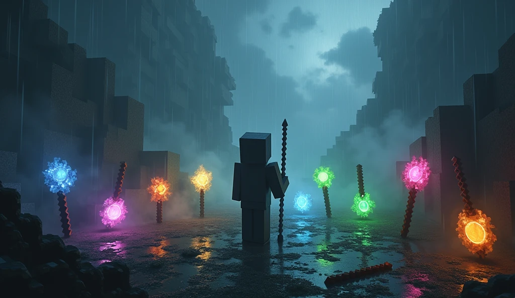 The ten magic wands that have magic element logos on each wand and are emitting magic energy, is in disarray in the valley and the night is foggy, rain, storm, tense atmosphere, and his staff with the owner of the Minecraft character magic master 
