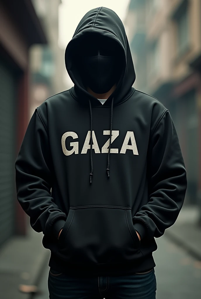 Man wearing a mask and hoodie with GAZA written on it facing backwards