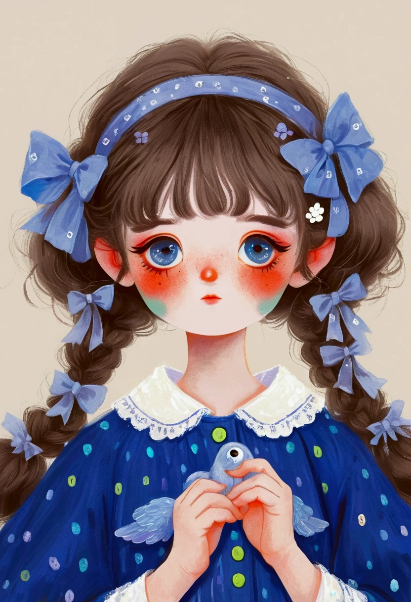 Cute little girl in blue dress,Big blue eyes。Bangs,Fine and fluffy hair,Lovely art style, Lovely and detailed digital art, Cute numbers艺术, Lovely artwork, Kawaii realistic portrait, Change, Cute numbers, Lovely portrait, Kasuga, Lovely characters, Cute, colorful and adorable