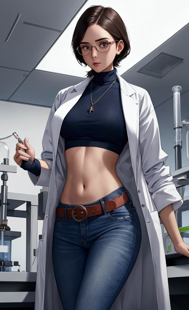Girl in Laboratory, Turtle-neck, lab coat, showing navel, belt, Exposing the abdomen below the navel, well-dressed, glasses, blue jean, laboratory
