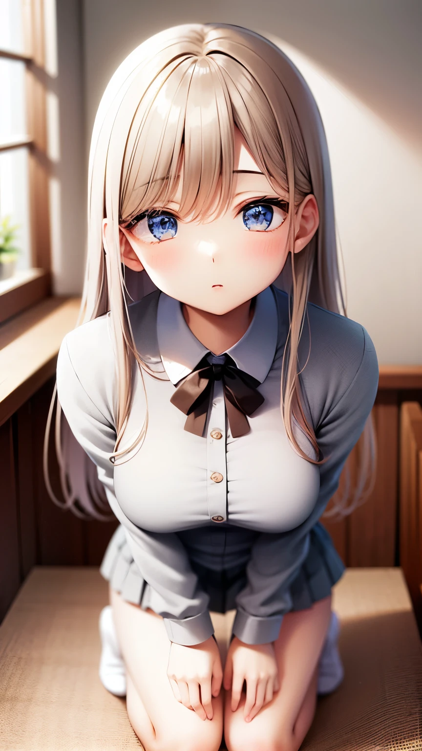 masterpiece , Highest quality , detailed , woman , bangs , Uniformed kneeling , (From before) , Shiny platinum blonde silky super long straight hair, beautiful shiny bangs, Big clear sky blue eyes, Very beautiful bright eye highlights, Embarrassing, blush