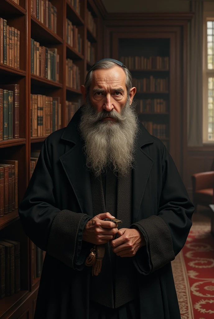 Bearded Jew with straight hair and a Roman nose in a library