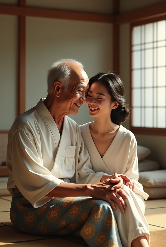 A bald Japanese grandfather, a little white hair on the side, no shirt, yukata pants, sitting in a Japanese-style lounge room.next to him is the grandpa's grandson, a beautiful 25-year-old Japanese girl, wearing a white versece top, smiling.Japanese-style lounge room background.realistic.ultraHD
