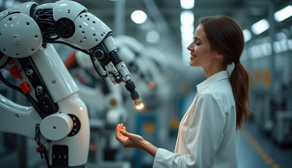 Sexy Industrial Robotic arm . The woman smiles gratefully. They are working in a robotic factory. at camera. she is in front