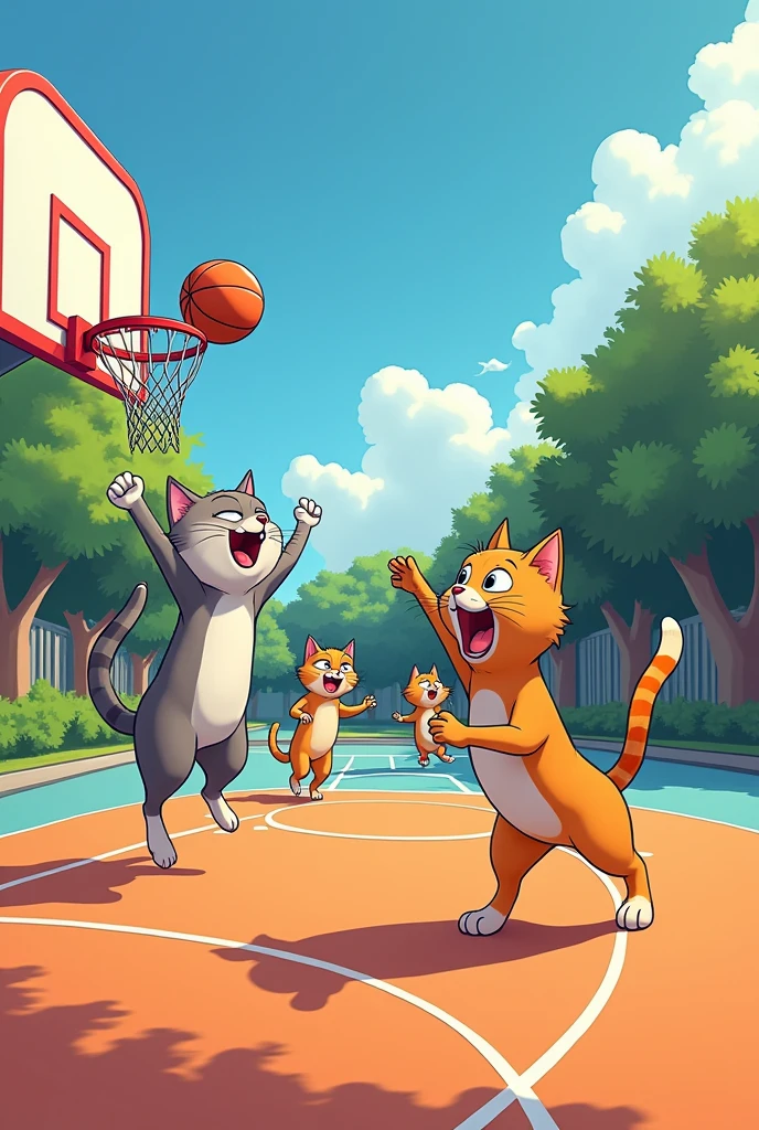 Animated cats playing basketball , It looks like a cat is going to score and another cat pretends to be the best and the other team is sad.