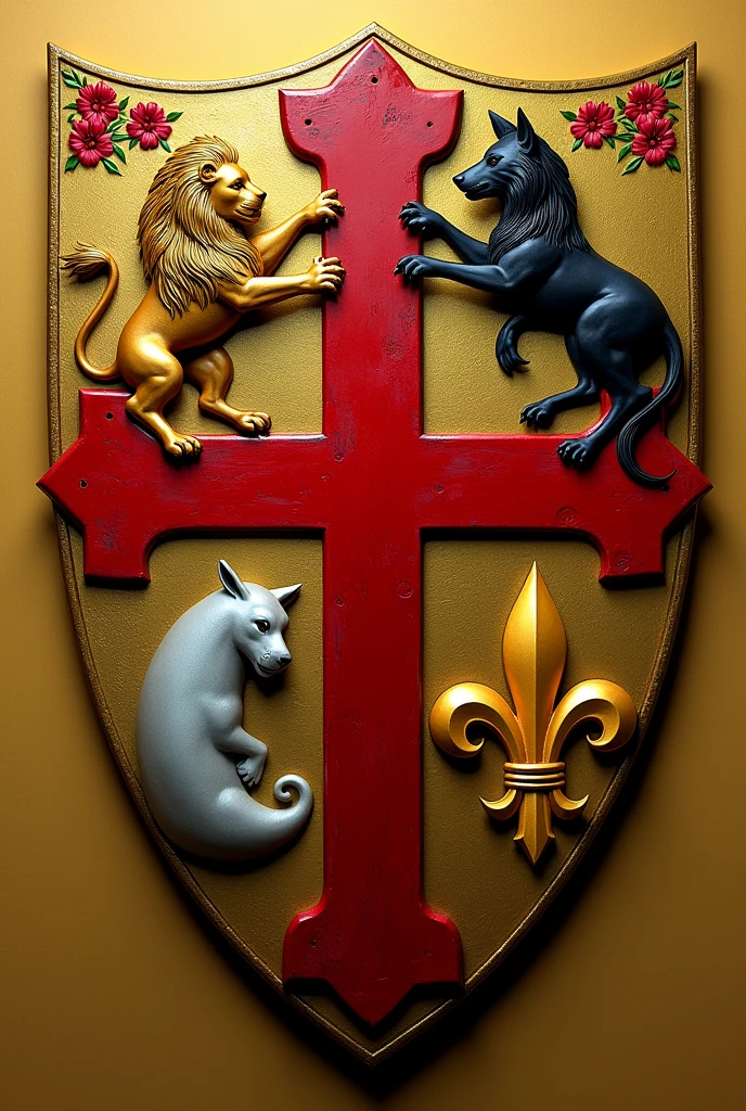 Create a shield for the Bolaños and Chacon families, respecting mythology, with a red Calatrava cross, rampant lion, silver lamb on a field of gold, golden fleur-de-lis and a black wolf