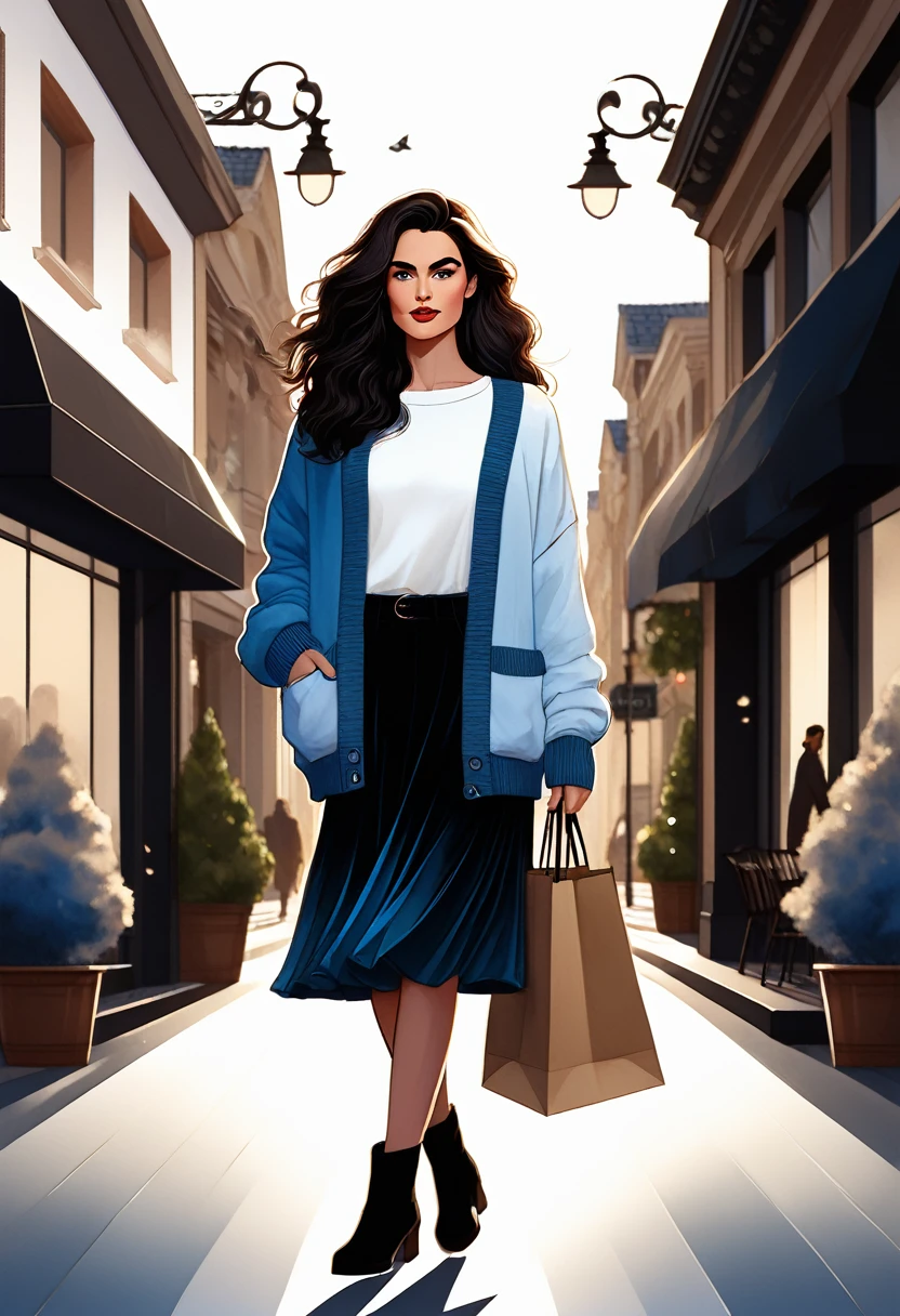 flat style, Masterpiece, best quality, solo representation of a woman with wavy black hair and blue eyes, looking directly at the viewer. She is wearing a white sweater paired with a black skirt and long black boots. The scene is depicted as a watercolor illustration in graphic designer style. She actively shops, surrounded by various stores and shopping bags, creating a lively and dynamic environment.