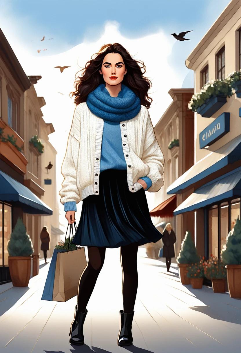 flat style, Masterpiece, best quality, solo representation of a woman with wavy black hair and blue eyes, looking directly at the viewer. She is wearing a white sweater paired with a black skirt and long black boots. The scene is depicted as a watercolor illustration in graphic designer style. She actively shops, surrounded by various stores and shopping bags, creating a lively and dynamic environment.