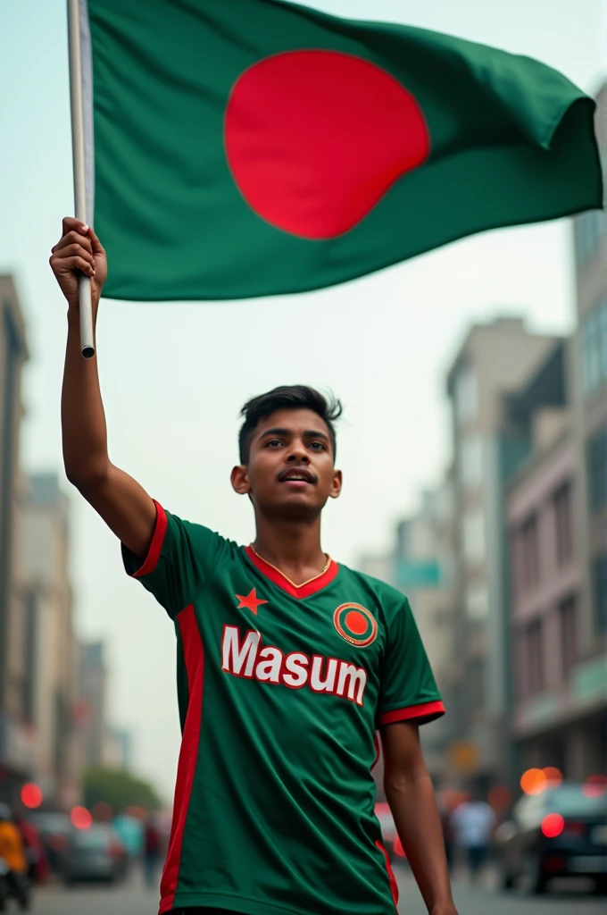 A 20-year-old boy is protesting with a Bangladeshi flag in his hand on the streets of the capital. Wearing the jersey of Bangladesh. 'Masum' written in English on Jersey