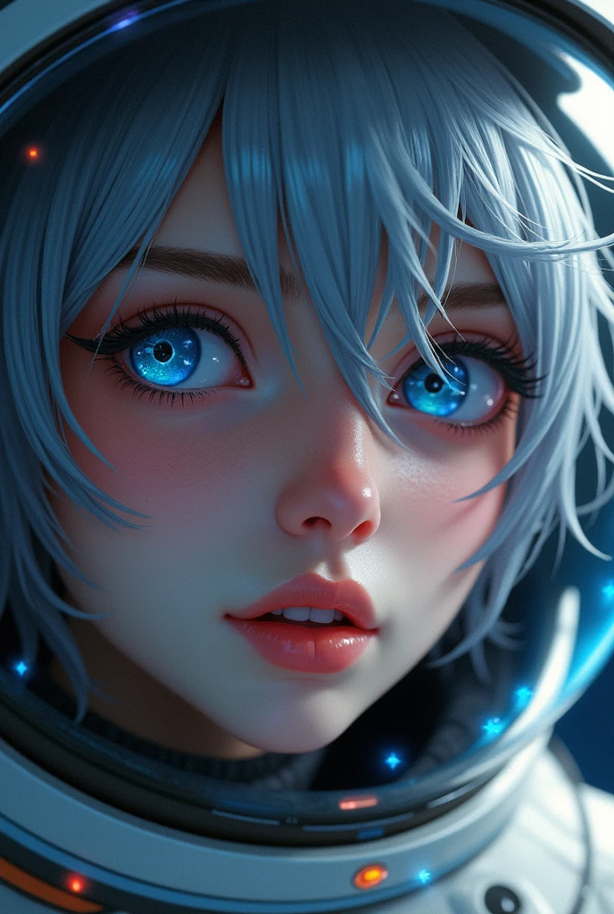 (Close-up of a better masterpiece:1.5)0.9], (Space and astronauts:1.2) (Messy silver hair:1.1) (Heterochromia xanthochromia and blue eyes:1.2) (Space Helmet:1.0) (Colored stars in the eyes:1.0) (A radiant glow:1.1) (thick lips:0.9)