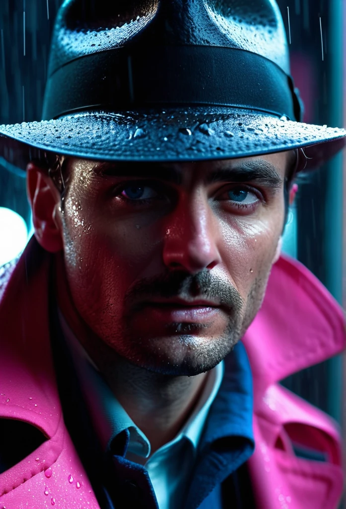 cinematic film still {Neon Noir Showdown: (masterpiece, 8K, UHD, photo-realistic:1.3), grizzled detective with (stubble and piercing blue eyes:1.1), (trench coat:1.2), fedora hat, in a rain-soaked alley, neon signs reflecting on puddles, tense standoff with shadowy figure, (vintage revolver:1.2), steam rising from the pavement, contrasting (neon pink and electric blue:1.1) lighting, close-up shot, side view, intense gaze, dramatic shadows, wet asphalt, moody and atmospheric, rain droplets mid-air, (anxious anticipation:1.1), detailed facial expressions} . shallow depth of field, vignette, highly detailed, high budget, bokeh, cinemascope, moody, epic, gorgeous, film grain, grainy