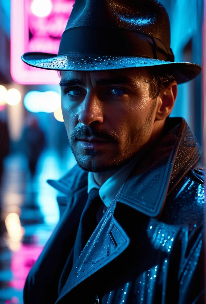 cinematic film still {Neon Noir Showdown: (masterpiece, 8K, UHD, photo-realistic:1.3), grizzled detective with (stubble and piercing blue eyes:1.1), (trench coat:1.2), fedora hat, in a rain-soaked alley, neon signs reflecting on puddles, tense standoff with shadowy figure, (vintage revolver:1.2), steam rising from the pavement, contrasting (neon pink and electric blue:1.1) lighting, close-up shot, side view, intense gaze, dramatic shadows, wet asphalt, moody and atmospheric, rain droplets mid-air, (anxious anticipation:1.1), detailed facial expressions} . shallow depth of field, vignette, highly detailed, high budget, bokeh, cinemascope, moody, epic, gorgeous, film grain, grainy