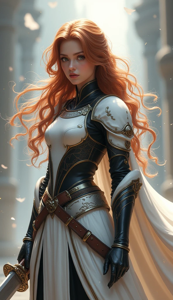  Surrealistic ,Theme MMORPG game style Image of a bronze-haired girl standing holding her favorite sword, wearing light black and white armor. The theme color is pastel and the image tone is dramatic. The highest resolution masterpiece.