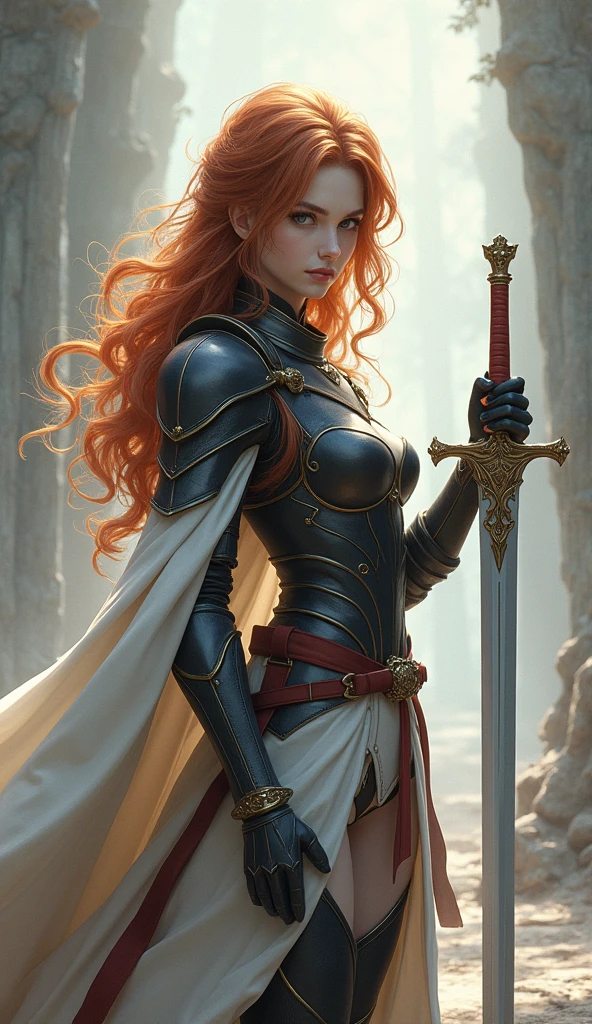 Surrealistic ,Theme MMORPG game style Image of a bronze-haired girl standing holding her favorite sword, wearing light black and white armor. The theme color is pastel and the image tone is dramatic. The highest resolution masterpiece.